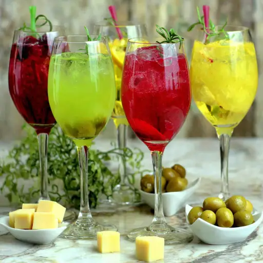 Colorful cocktails with olives and cheese