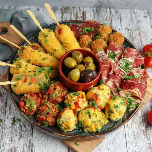 Tapas platter with olives and meats