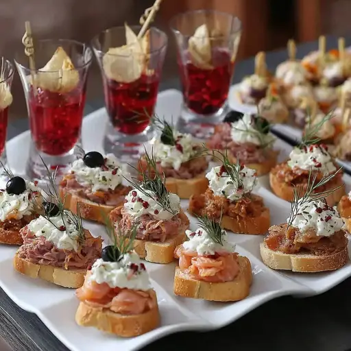 Appetizer toasts with salmon and cream
