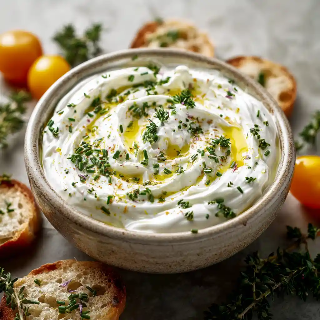 Sauce au yaourt aux fines herbes du Chef Benoît dans un saladier en céramique, garnie de ciboulette et persil frais