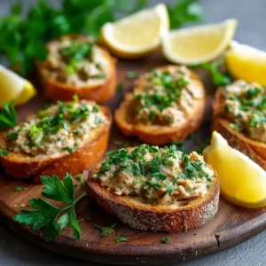 Délicieux toasts au beurre de sardine méditerranéens garnís de persil plat et citron, préparés selon la recette familiale de grand-mère Marguerite