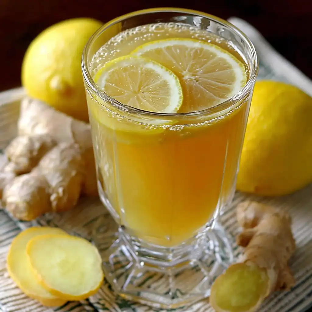 Boisson énergisante au gingembre et citron dans un verre avec tranche de gingembre frais et citron