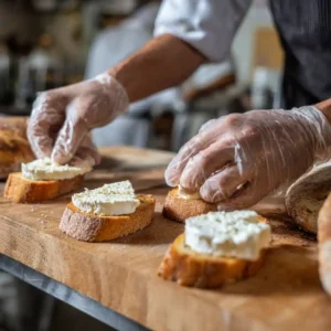 Chef Benoît disposant des rondelles de fromage de chèvre sur tranches de pain pour ses toasts chèvre miel