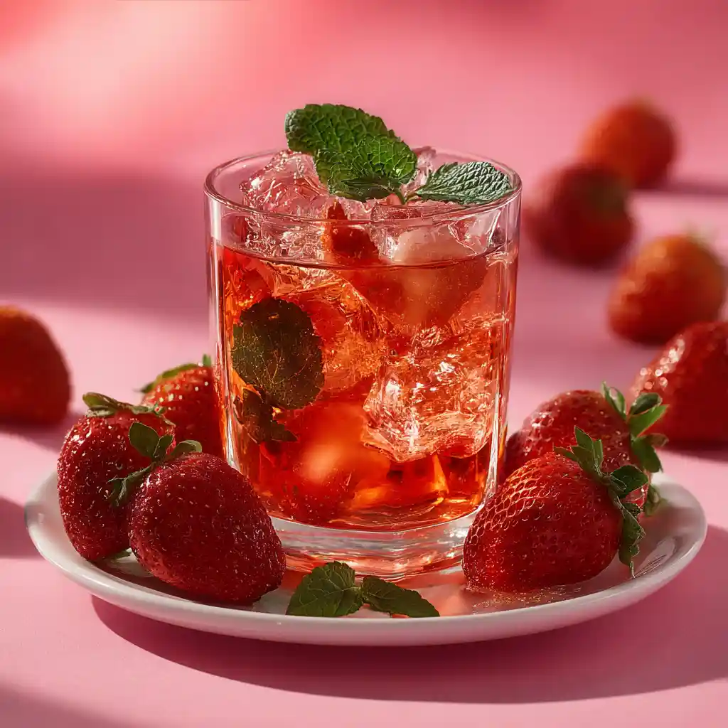 Cocktail fraise menthe sans alcool rose dans un verre à pied avec fraises fraîches et feuilles de menthe