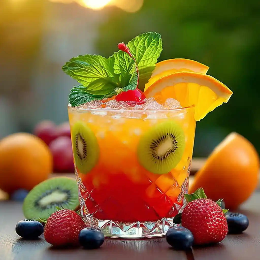 Cocktail coloré aux fruits multiples dans un verre hurricane avec fruits frais et ombrelle décorative