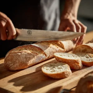 Première étape de la recette : découpe de la baguette fraîche en tranches de 1,5 cm pour les toasts au beurre de sardine