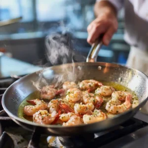 Crevettes roses en train de cuire dans une poêle avec de l'huile d'olive