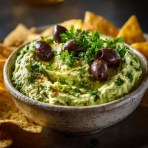 Chef Benoît présentant son guacamole maison vert vif avec noyaux d'avocat et chips tortilla dorées