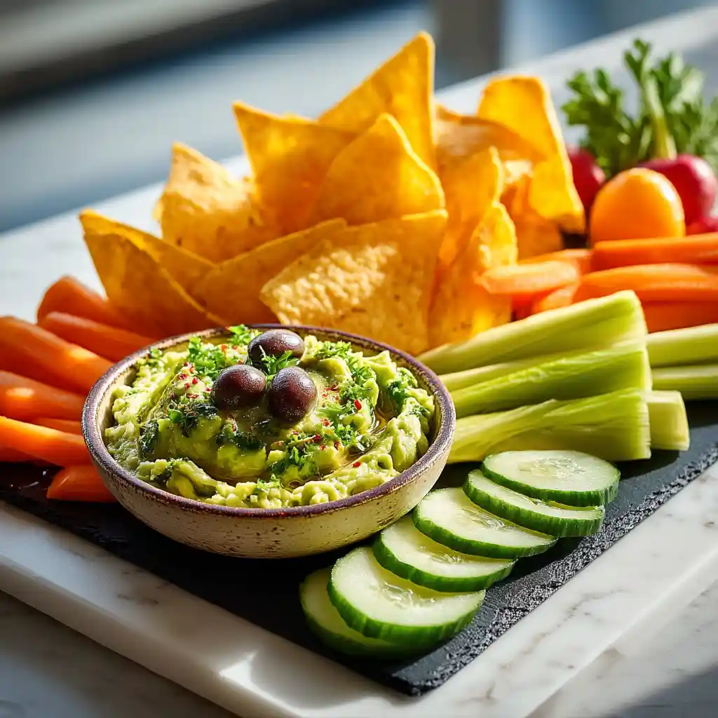Plateau d'apéritif avec guacamole maison, tortilla chips et légumes croquants présenté par Chef Benoît