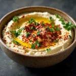 Bol de houmous au citron onctueux préparé selon la technique de Chef Benoît, recette de houmous au citron méditerranéenne avec présentation professionnelle