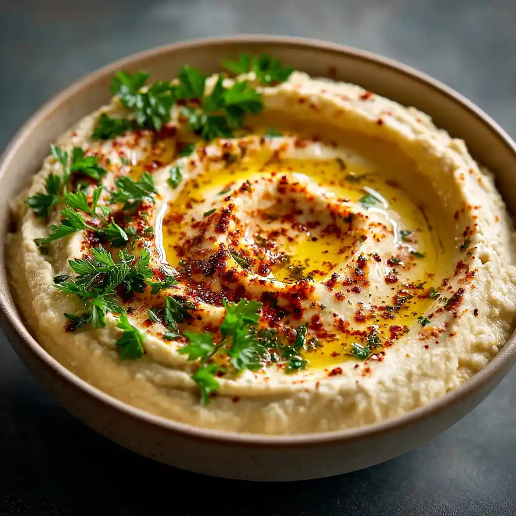 Houmous au citron crémeux selon la recette de houmous au citron authentique de Chef Benoît, avec filet d'huile d'olive et paprika