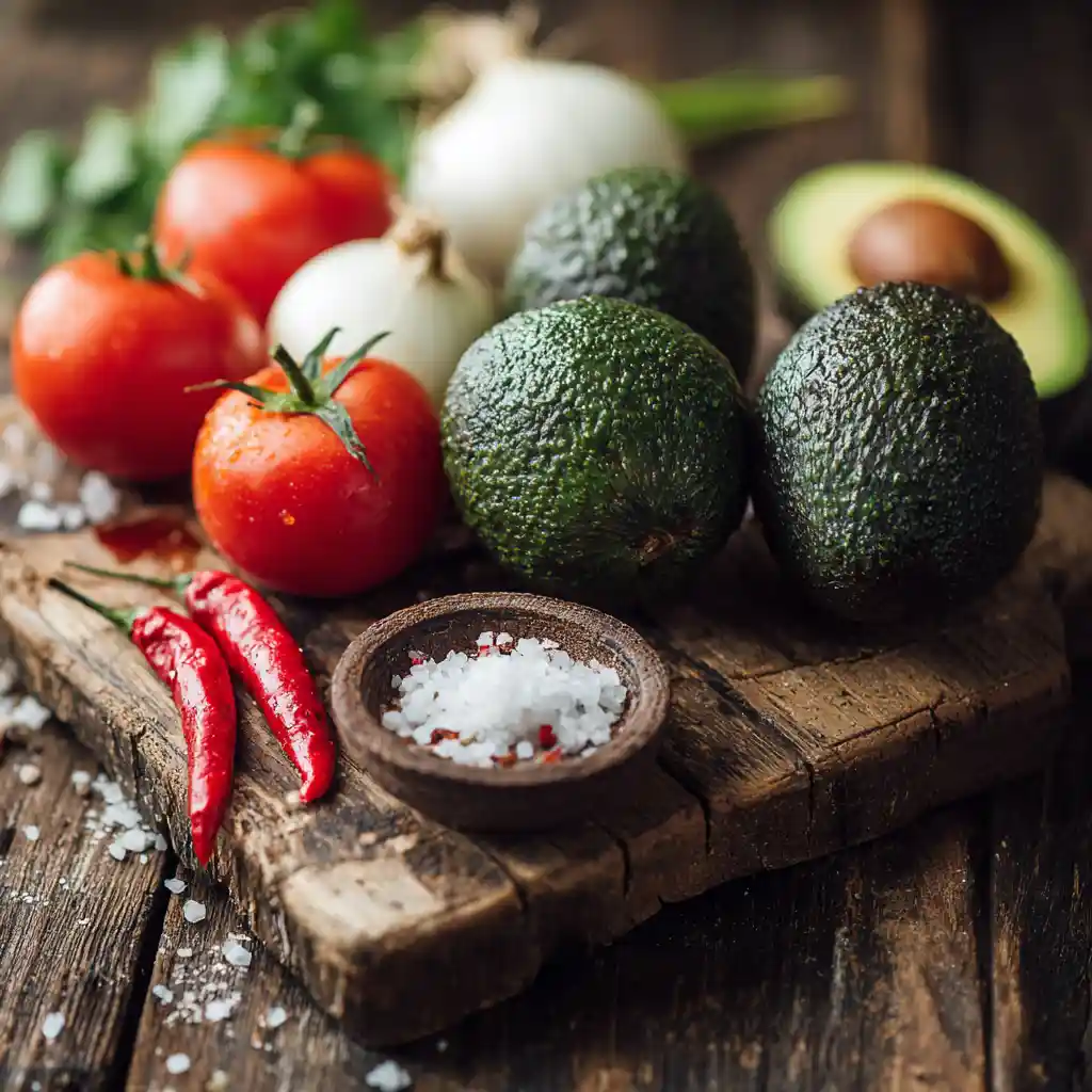 Ingrédients frais pour guacamole maison : avocats mûrs, tomate, oignon blanc et piment