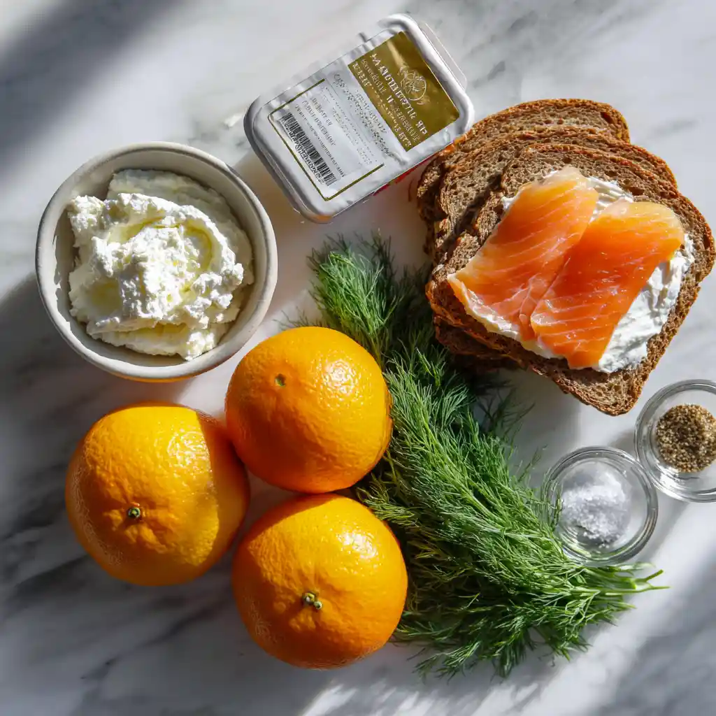 Ingrédients pour toast à la truite fumée : pain de seigle, truite fumée, ricotta, mandarines et aneth frais