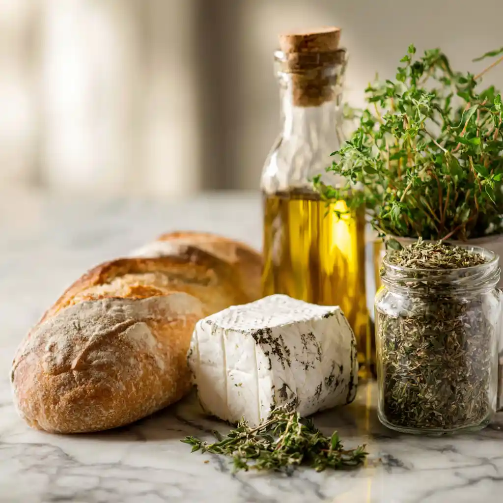 Ingrédients pour toast chèvre chaud : baguette, fromage de chèvre, huile d'olive, herbes de Provence disposés sur plan de travail