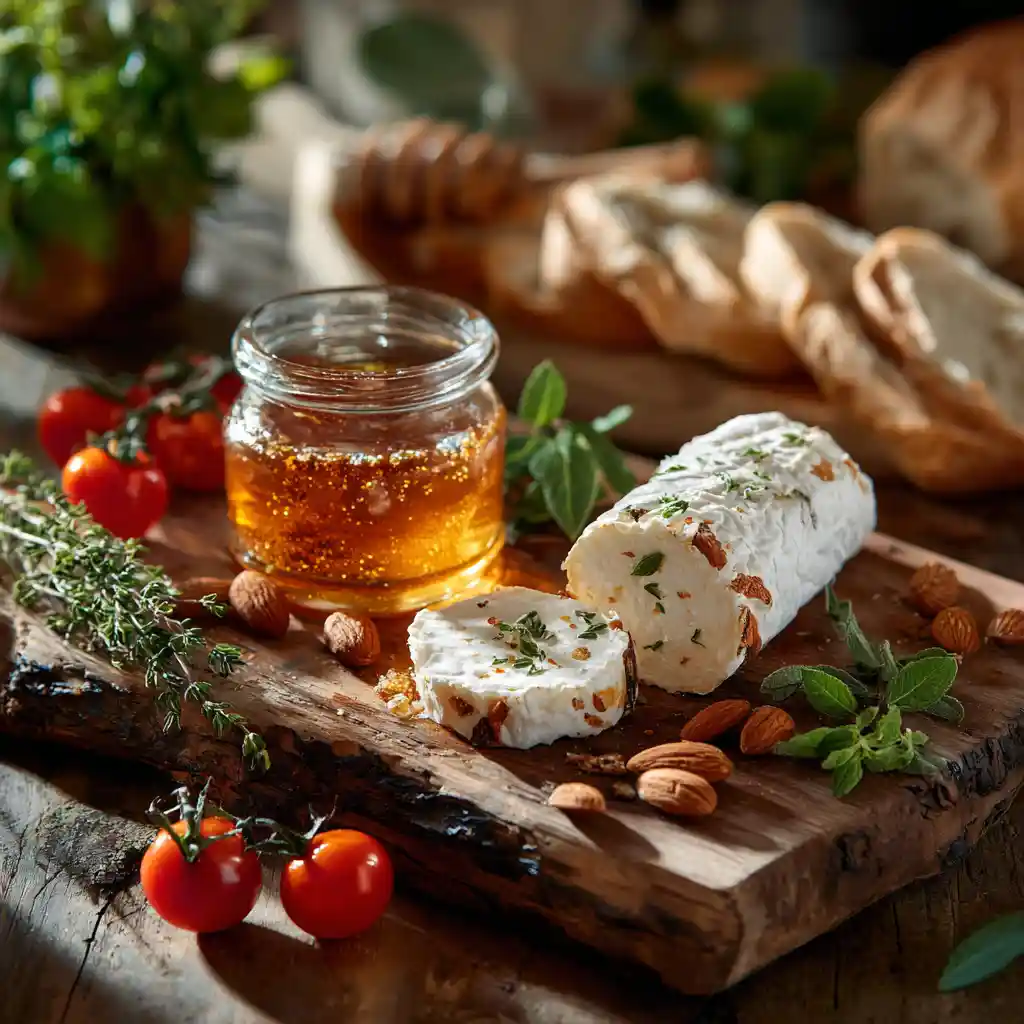 Ingrédients de qualité pour toast chèvre miel : bûche de chèvre, miel artisanal, amandes effilées, pain campagne, tomates cerises