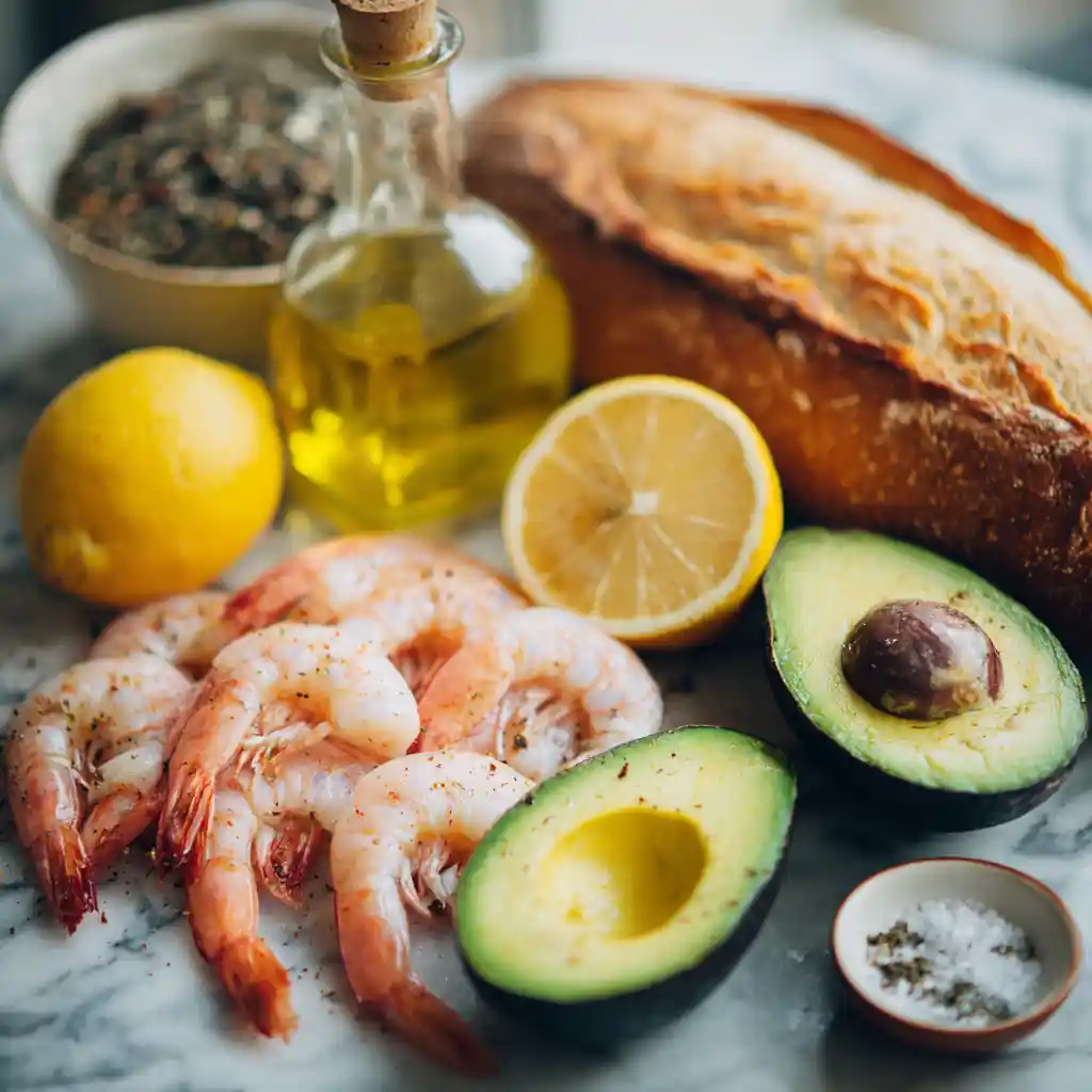 Ingrédients frais pour toast aux crevettes : crevettes roses, avocats, citron, baguette et huile d'olive