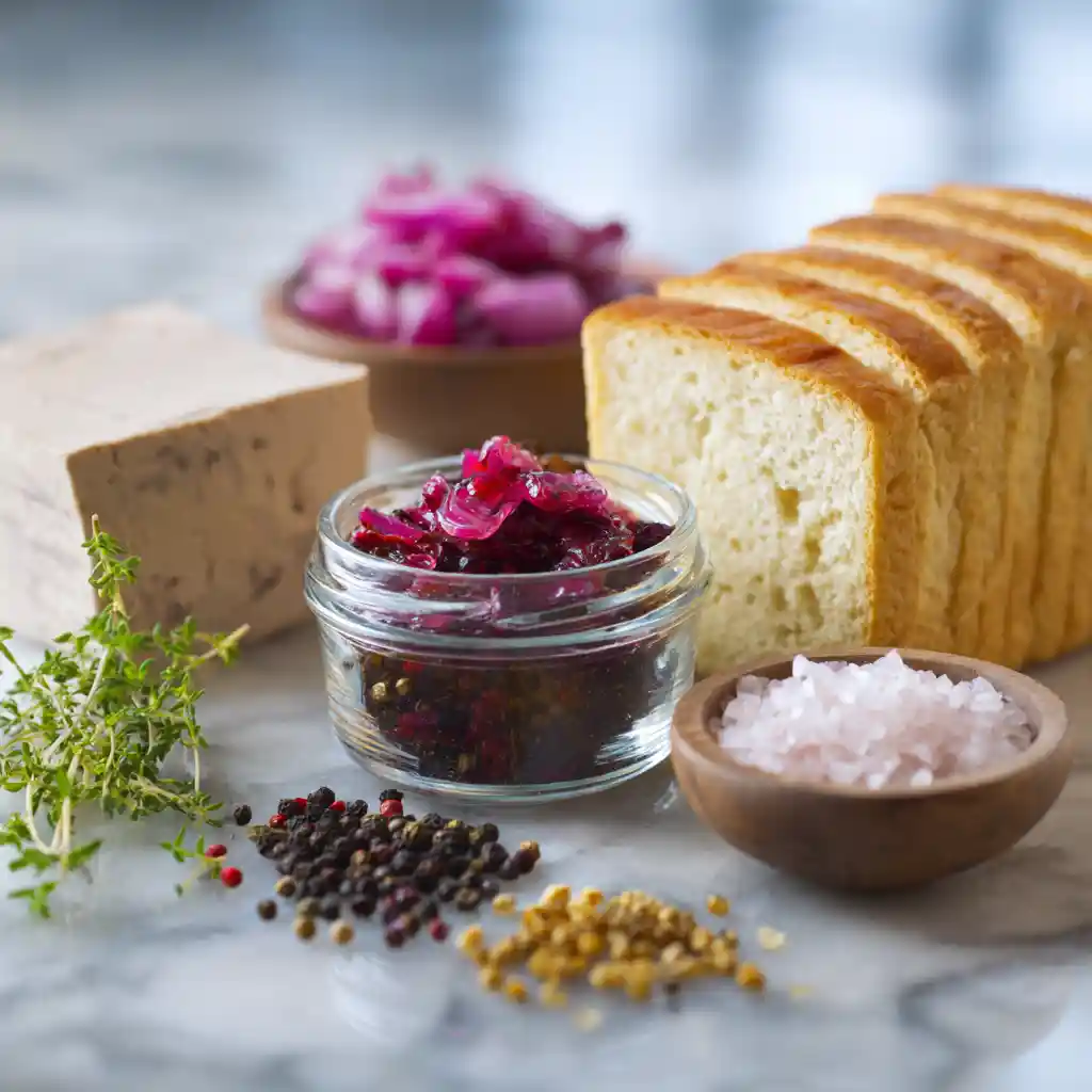 Ingrédients pour toast de foie gras au confit d'oignon rouge : pain brioché, foie gras, confit d'oignon rouge, épices
