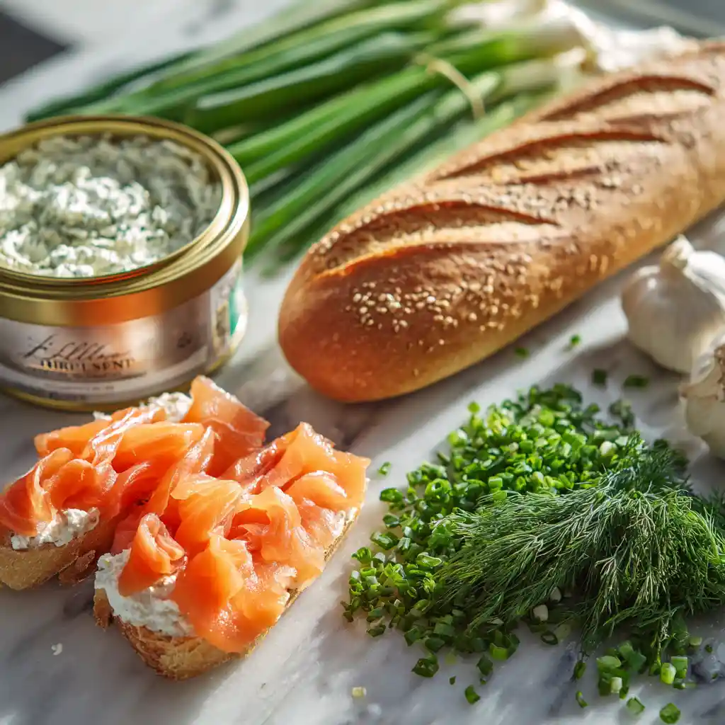 Ingrédients pour toast saumon fumé : baguette, Boursin, saumon fumé, herbes fraîches disposés sur plan de travail