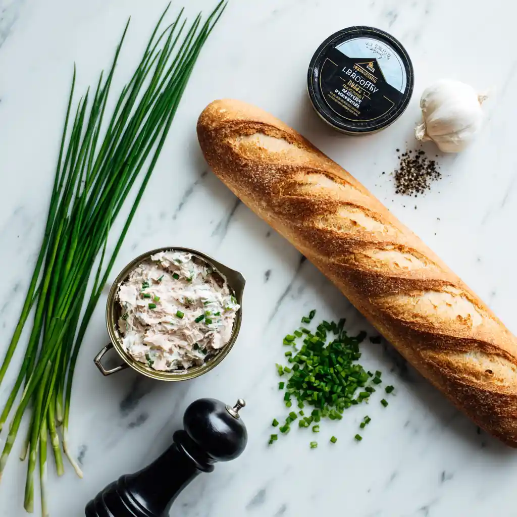 Ingrédients pour toasts apéritifs au thon : baguette, thon en boîte, Boursin, ciboulette fraîche