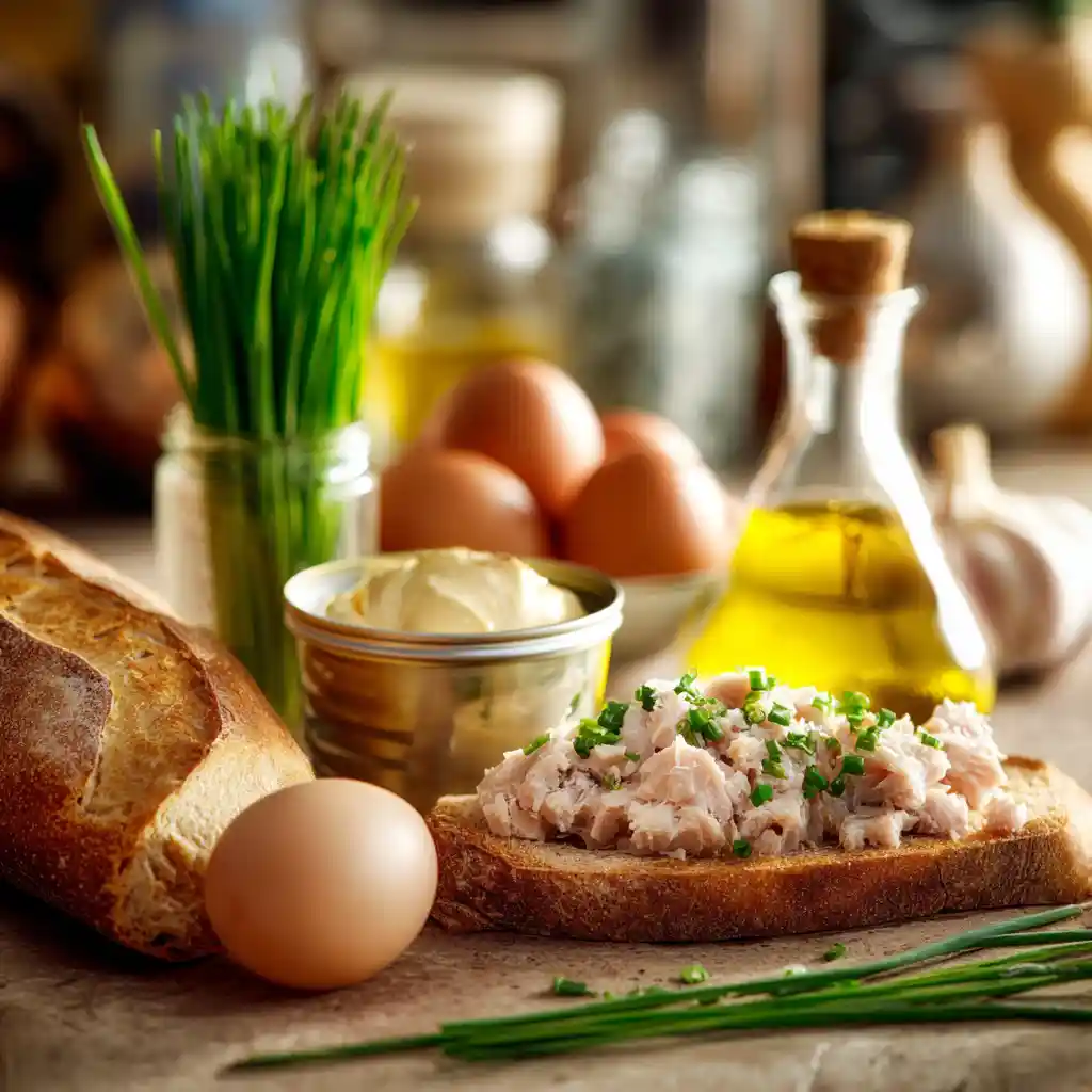 Ingrédients pour toasts au thon mayonnaise : thon, œufs, baguette, ciboulette, échalotes et huile d'olive