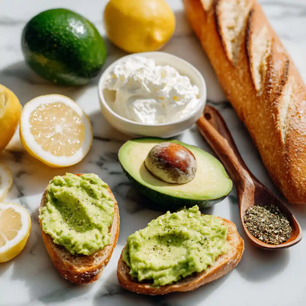 Ingrédients pour préparer des toasts de mousse d'avocat: avocats, pain, fromage frais, citron et épices