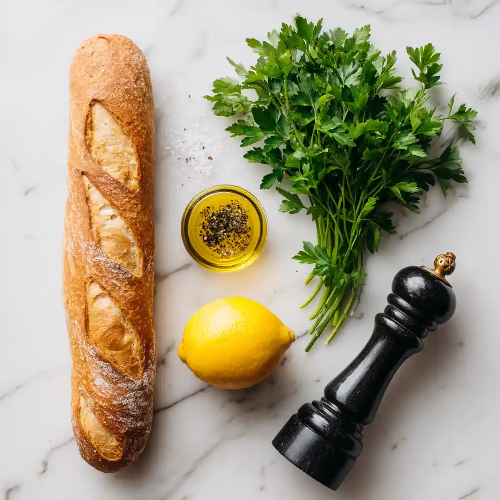 Tous les ingrédients pour faire des toasts au beurre de sardine : baguette, sardines, beurre demi-sel, persil plat, citron et poivre