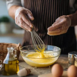 Préparation mayonnaise maison pour toasts au thon mayonnaise, montage avec œufs et huile d'olive