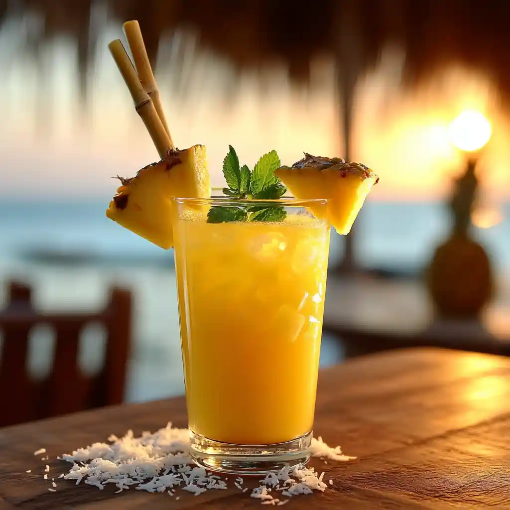 Mocktail ananas et lait de coco jaune doré dans un verre tiki avec tranches d'ananas et menthe fraîche