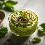 Pesto maison traditionnel dans un bol en verre, sauce verte crémeuse aux pignons de pin et basilic frais