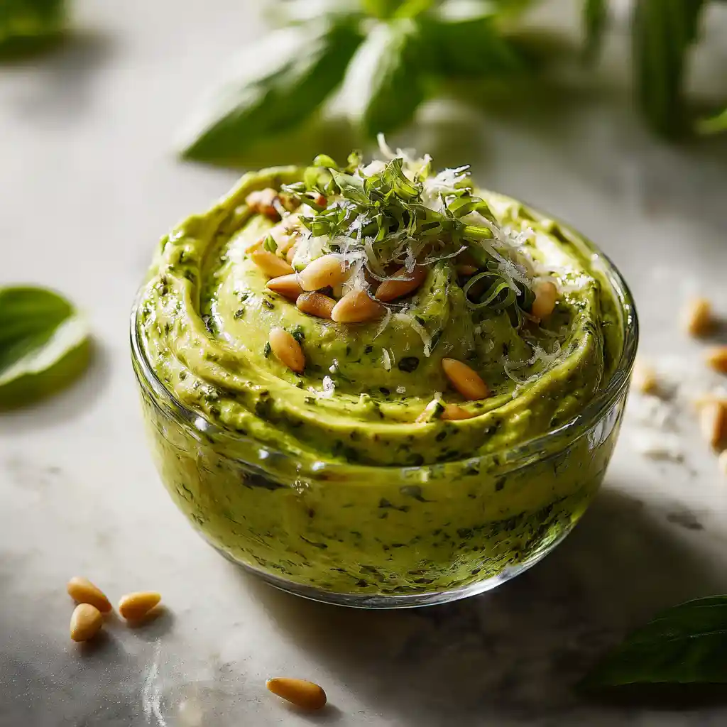 Bol de pesto maison vert éclatant avec basilic frais, pignons dorés et parmesan, recette authentique italienne