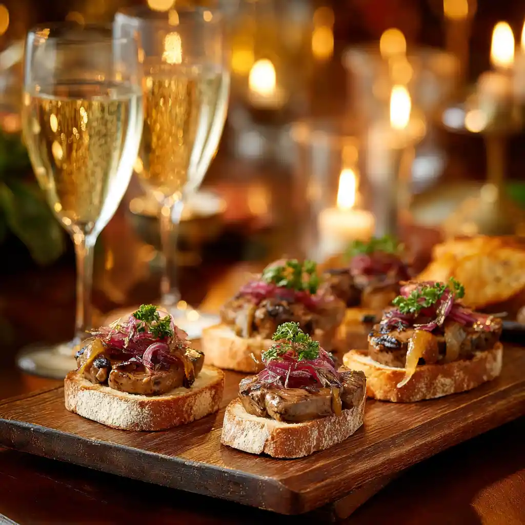 Plateau d'apéritif avec plusieurs toast de foie gras au confit d'oignon rouge disposés élégamment avec champagne