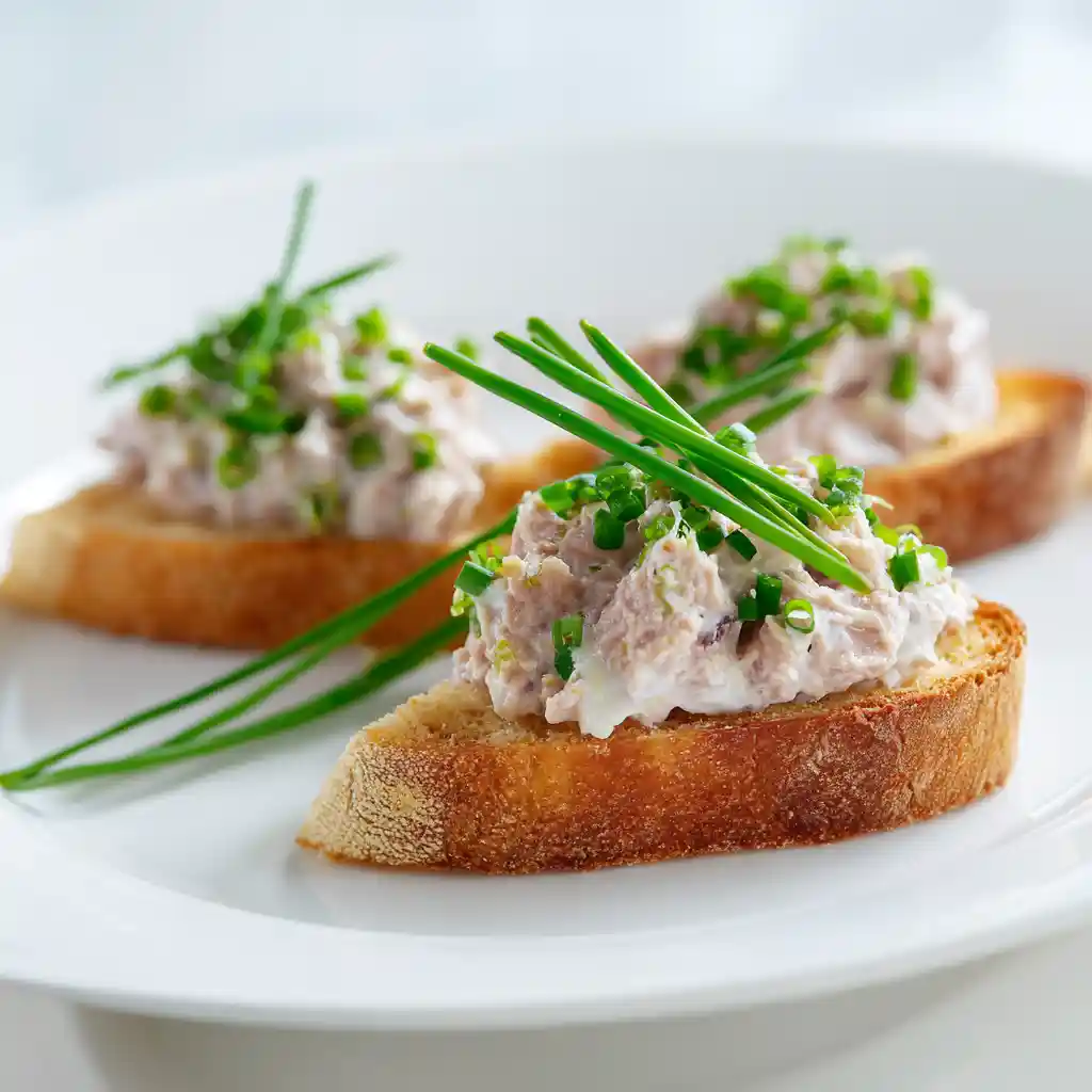 Portion de toasts au thon mayonnaise sur assiette blanche, présentation élégante pour apéritif