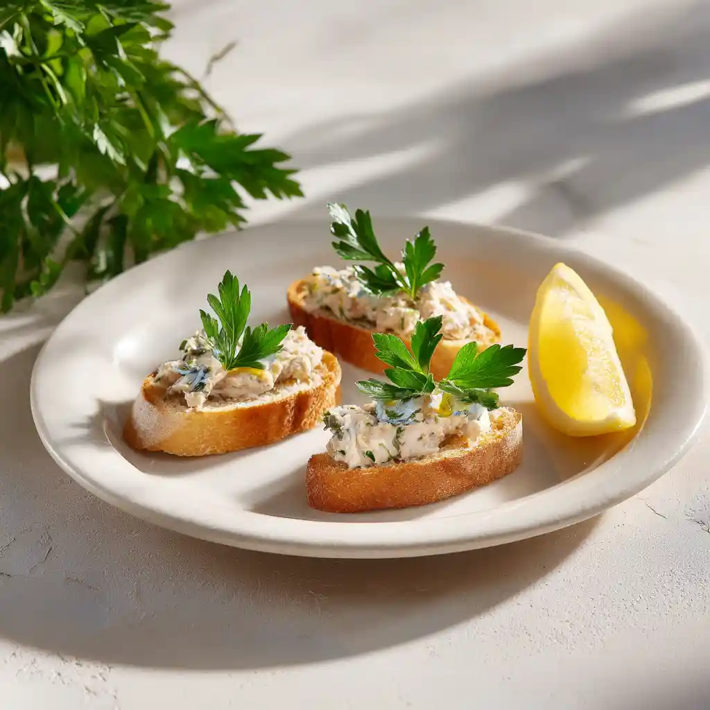 Une portion de toasts au beurre de sardine servie sur assiette avec garniture de persil, parfaite pour l'apéritif méditerranéen