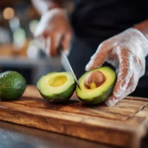 Chef Benoît coupant un avocat en deux et retirant le noyau pour son guacamole maison