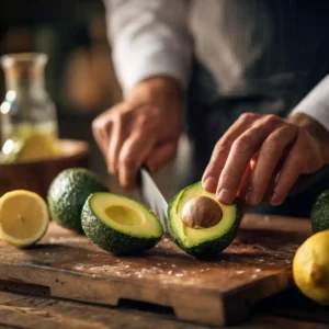 Mains d'un chef pelant et dénoyautant des avocats mûrs pour préparer les toasts de mousse d'avocat
