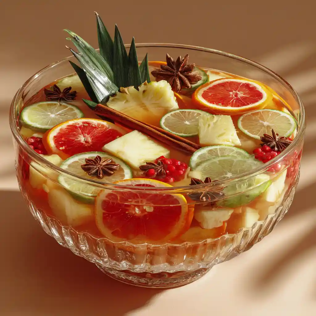 Grand bol de punch familial aux fruits tropicaux avec épices et fruits flottants, service en fontaine