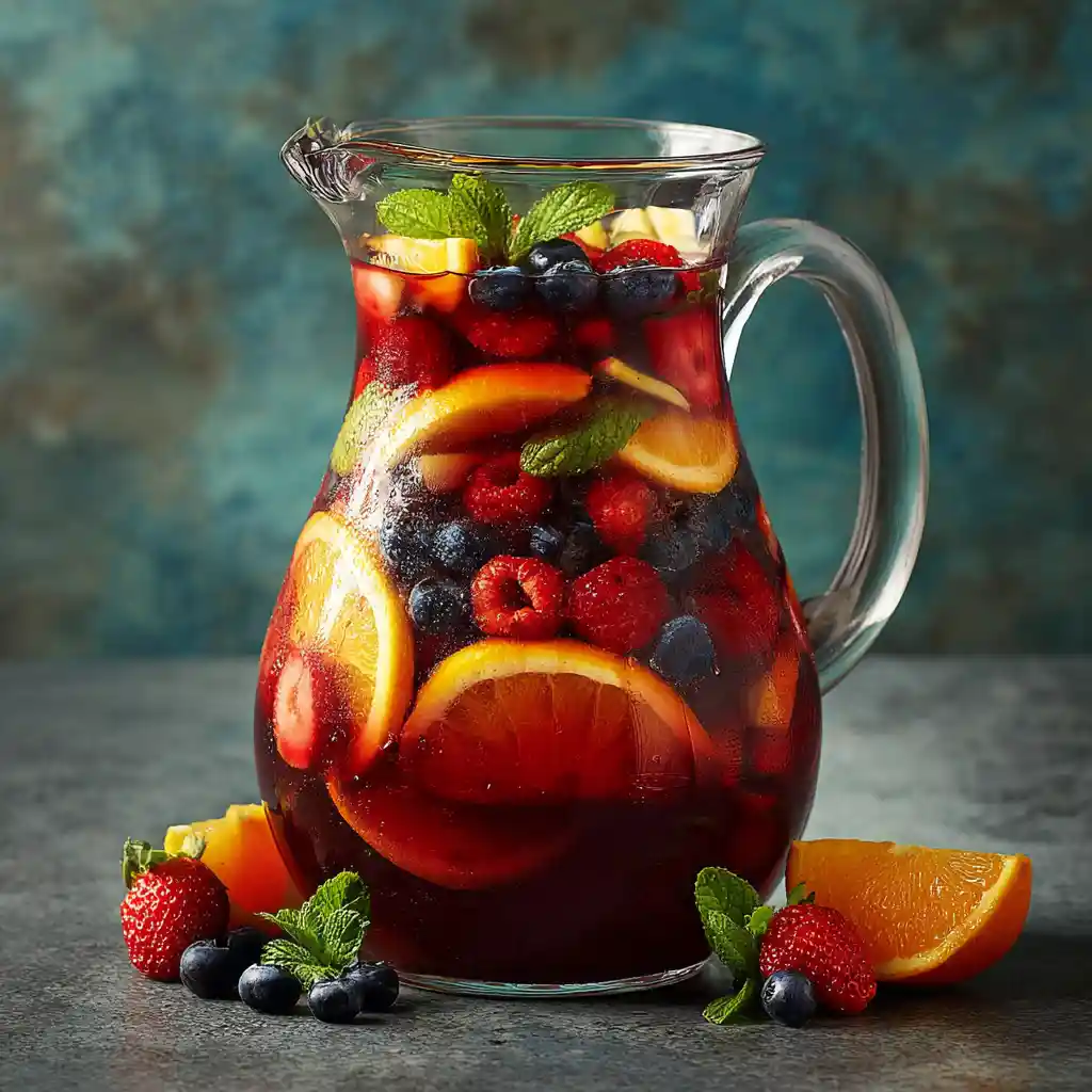 Sangria méditerranéenne sans alcool rouge avec fruits d'été dans un grand pichet en verre
