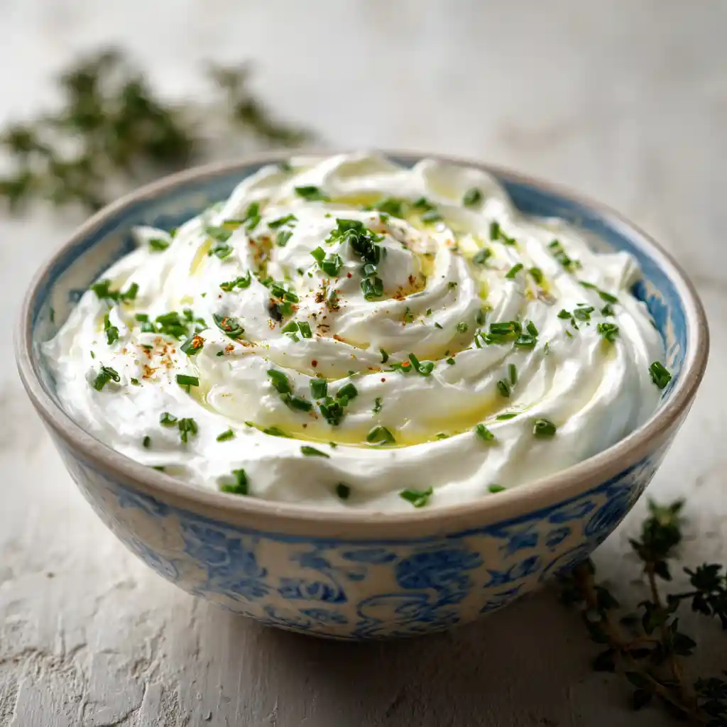 Sauce au fromage blanc crémeuse aux fines herbes dans un bol en céramique, préparée par Chef Benoît avec échalote et ciboulette