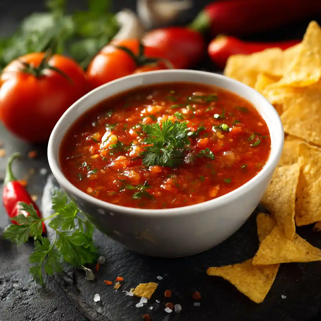 Sauce salsa maison authentique de Chef Benoît dans un bol en céramique blanche, avec tomates fraîches et chips tortilla en arrière-plan