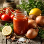 Recette de sauce sriracha maison du Chef Benoît avec ingrédients frais sur comptoir de cuisine