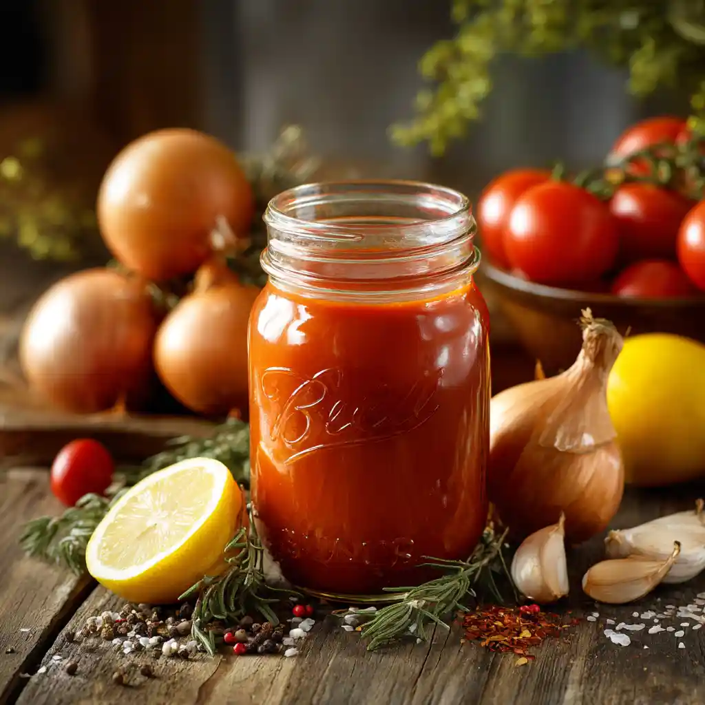 Sauce sriracha maison dans un bocal en verre avec des tomates fraîches et des oignons en arrière-plan