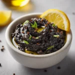 Tapenade olive noire authentique dans un bol, recette tapenade traditionnelle niçoise avec pain grillé et olives fraîches
