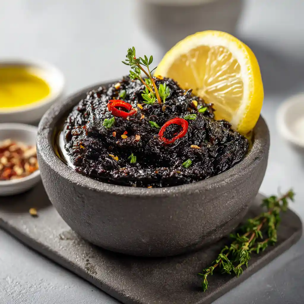 Tapenade d'olive noire authentique servie dans un bol en céramique avec du pain grillé, préparée selon la recette traditionnelle niçoise du Chef Benoît