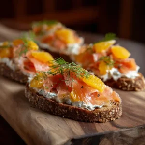 Toast à la truite fumée garni de ricotta crémeuse, suprêmes de mandarine et aneth frais sur pain de seigle grillé