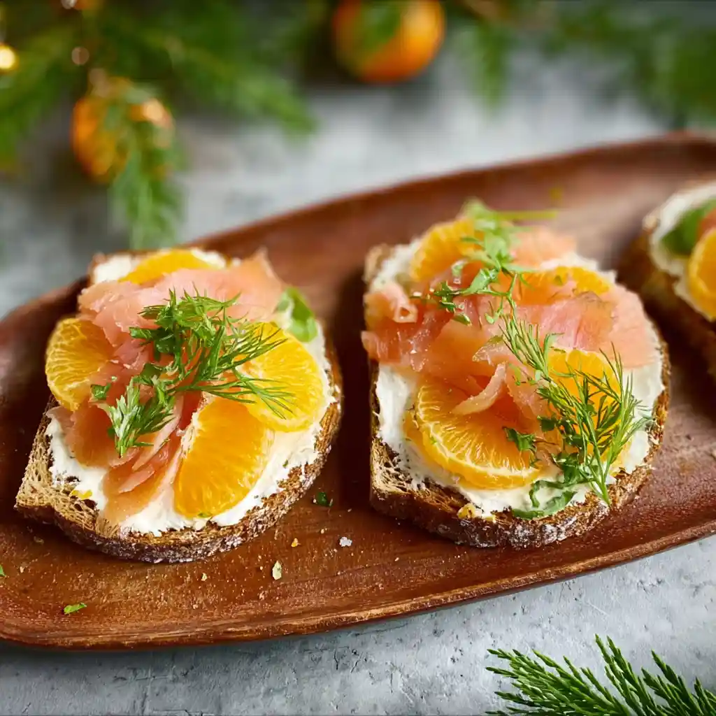 Toast à la truite fumée garni de ricotta, suprêmes de mandarine et aneth frais sur pain de seigle grillé