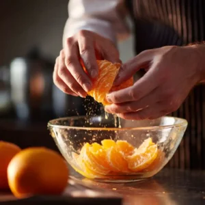 Mains de chef prélevant les suprêmes de mandarine au-dessus d'un bol pour toast à la truite fumée