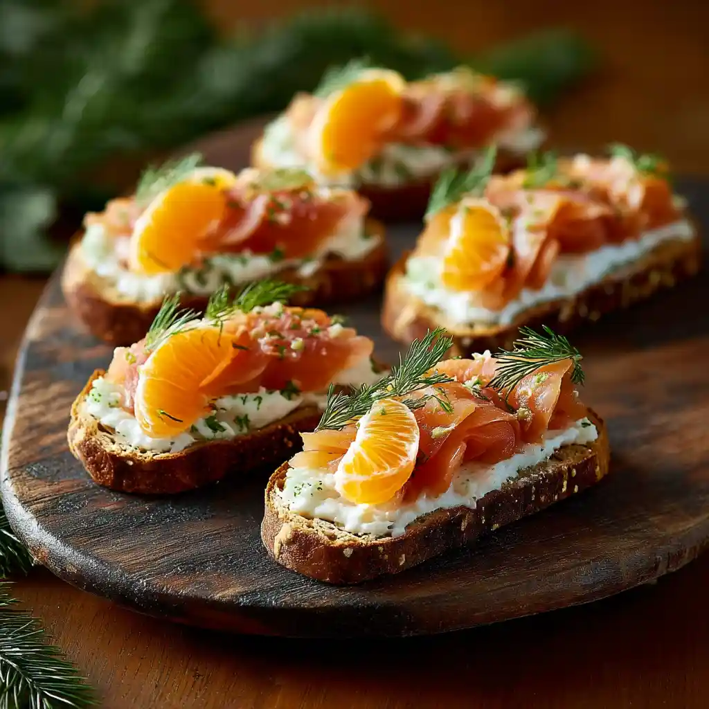Plateau d'apéritif avec plusieurs toasts à la truite fumée à la mandarine disposés élégamment