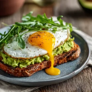 Toast avocat oeuf avec œuf au plat coulant sur purée d'avocat crémeuse et pain grillé