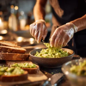 toast avocat œuf : pain complet dans grille-pain et avocat écrasé à la fourchette