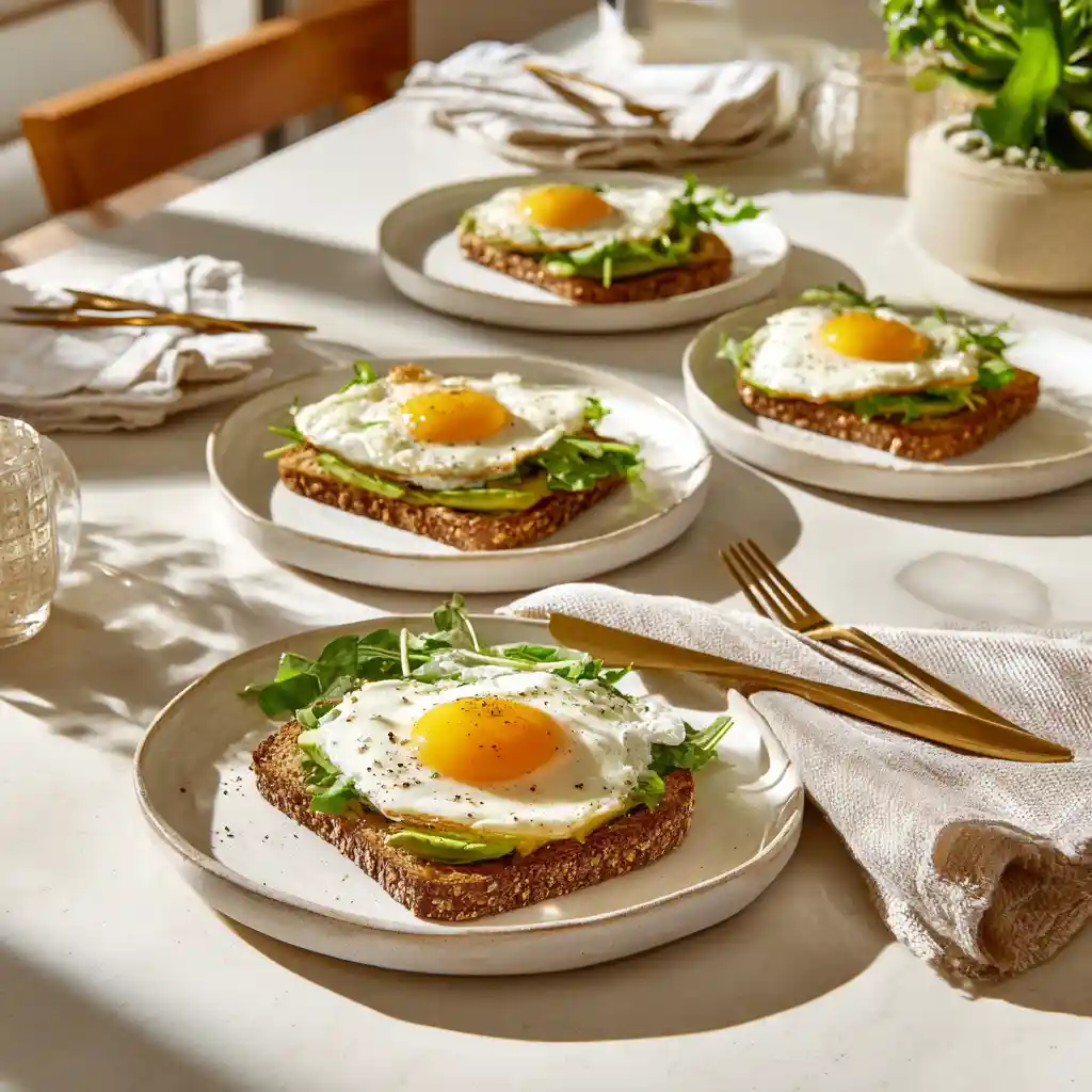 Quatre toasts avocat œuf servis sur assiettes blanches, petit-déjeuner familial Chef Benoît